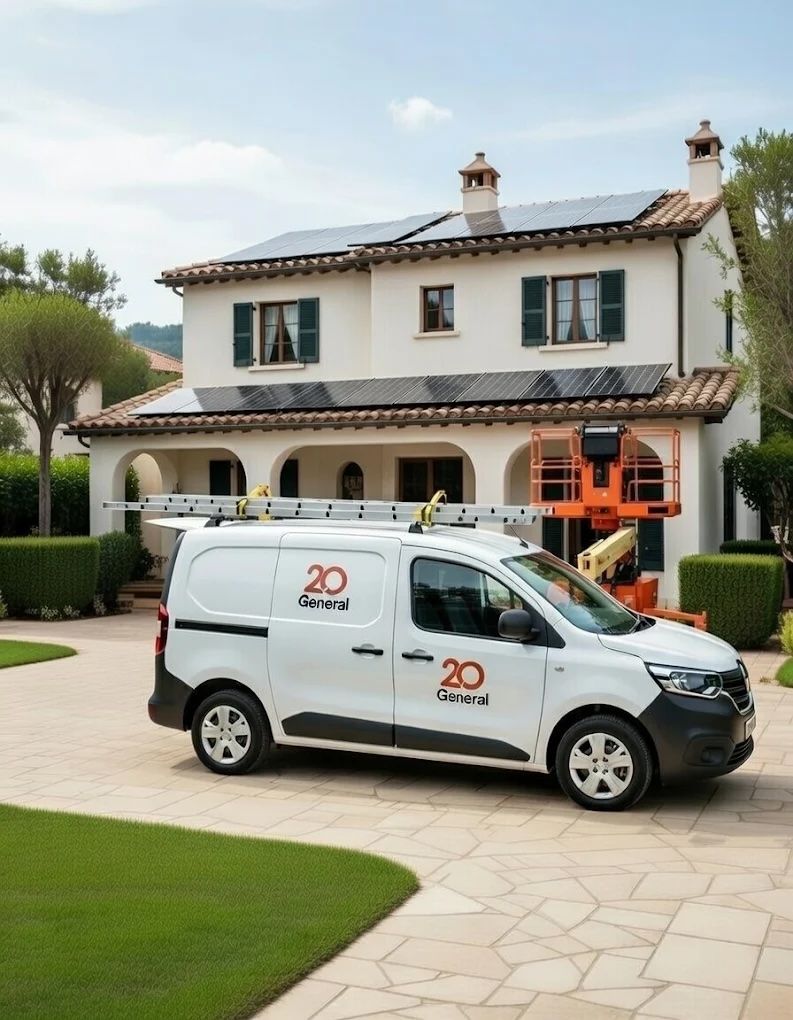 20 General branded white service van with roof rack parked on the driveway of a Spanish Mediterranean villa with solar panels installed on the roof, Olivella, Garraf, Catalonia